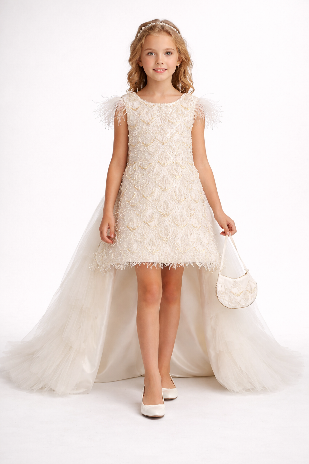 Ivory luxury flower girl dress with intricate sequin beadwork, ostrich feather shoulder trim, and scalloped hem.