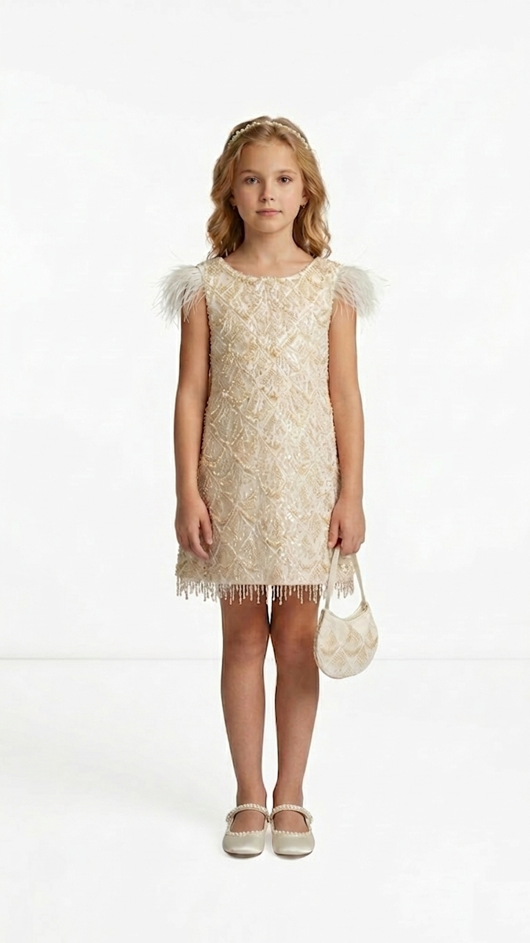 Full-length front view of the sequin beaded ivory flower girl dress without the train, showcasing the delicate feather sleeves and matching handbag for a modern reception look.