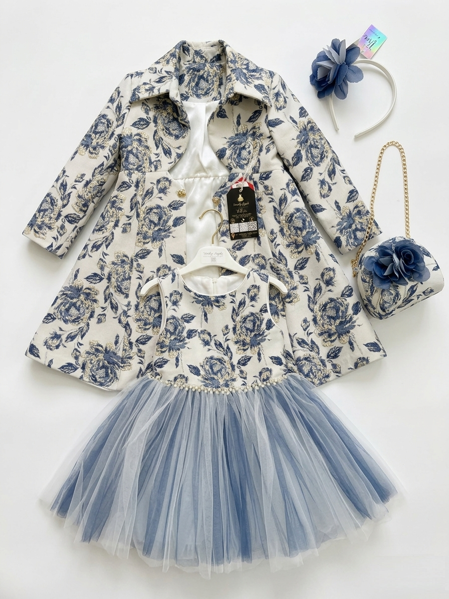 Complete 5-piece luxury kids occasion wear bundle including brocade coat, tulle dress, matching handbag, and floral headband near Lalor.