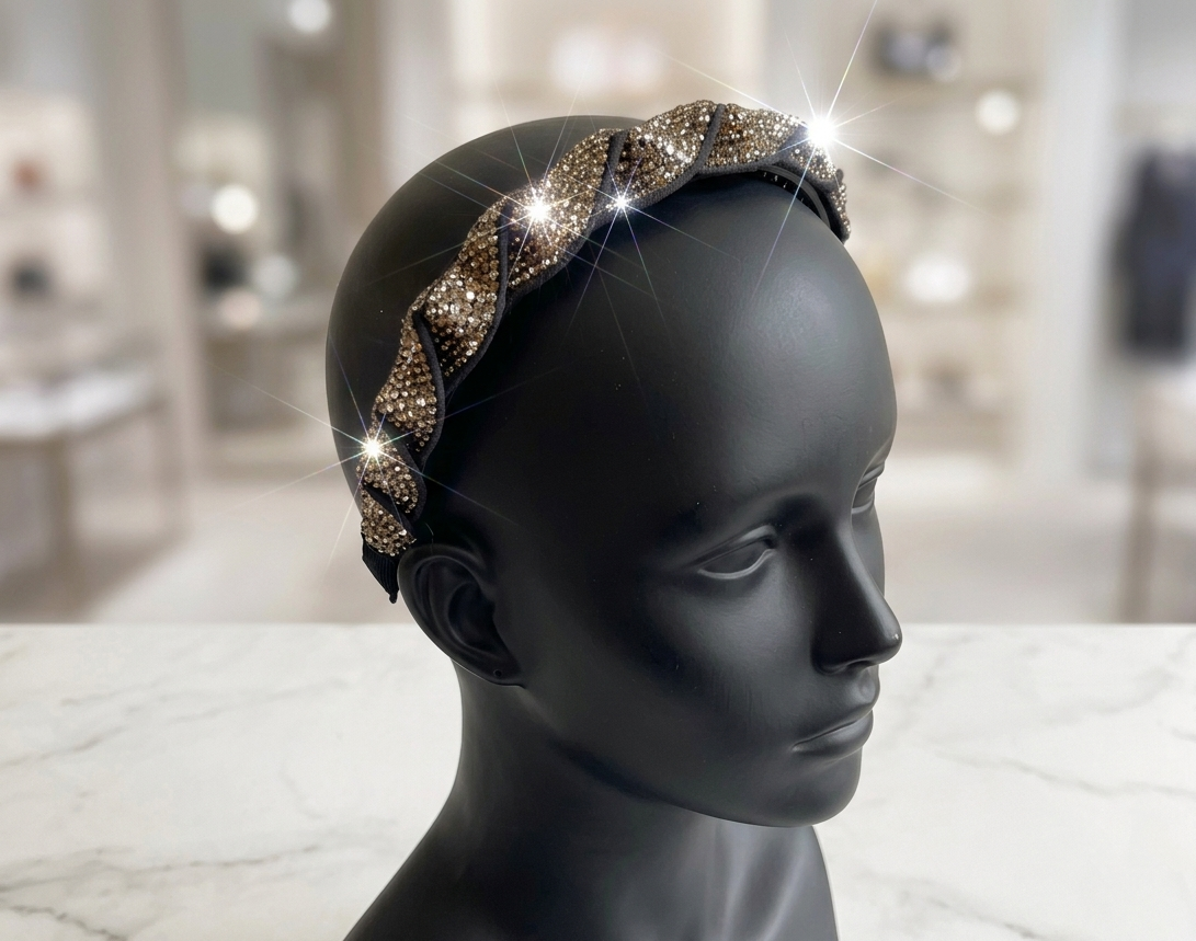Detailed view of a kids luxury twisted hairband with sparkling silver rhinestones. An elegant crystal headpiece perfect for flower girls and communion wear near Fitzroy.
