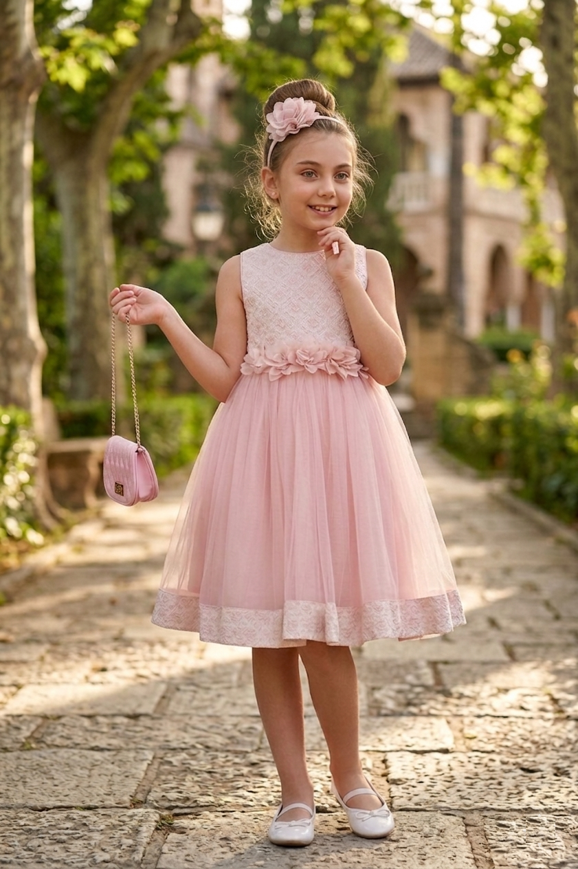 Young girl wearing a Pink Girls Occasion Dress standing in an outdoor garden setting in Brunswick.