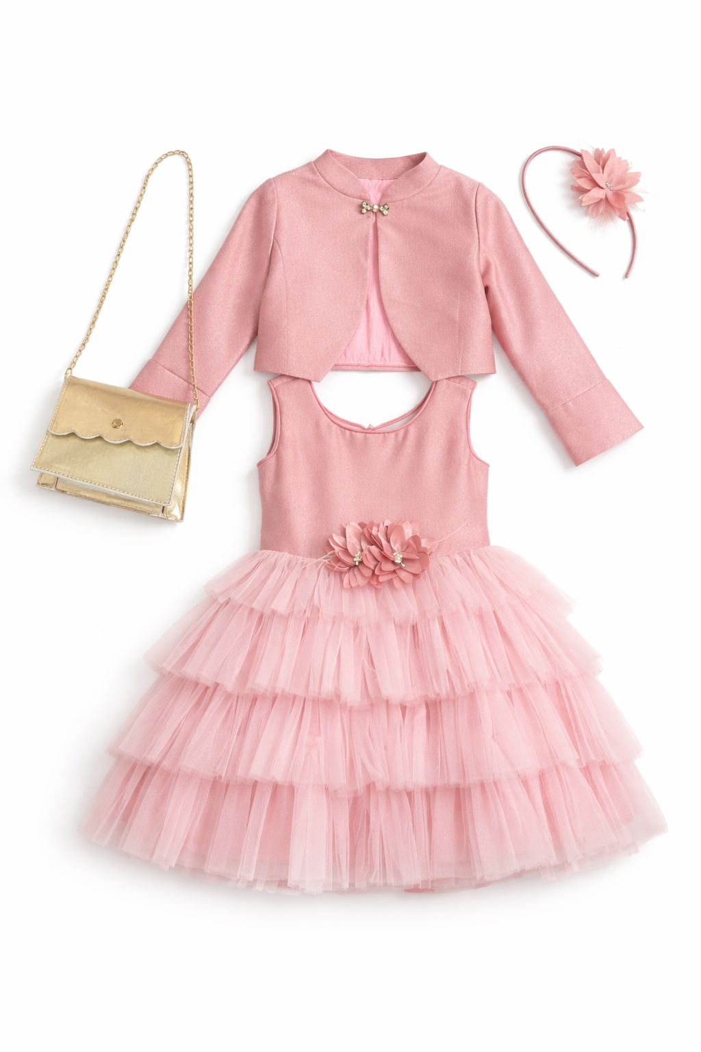 4-piece luxe rose lustre flower girl bundle at Trendy Angels Boutique Brunswick featuring a tiered tulle gown, bolero, gold bag, and headband.