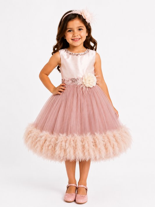 Little girl model smiling wearing luxury champagne and dusty rose formal princess dress with matching flower headband front view