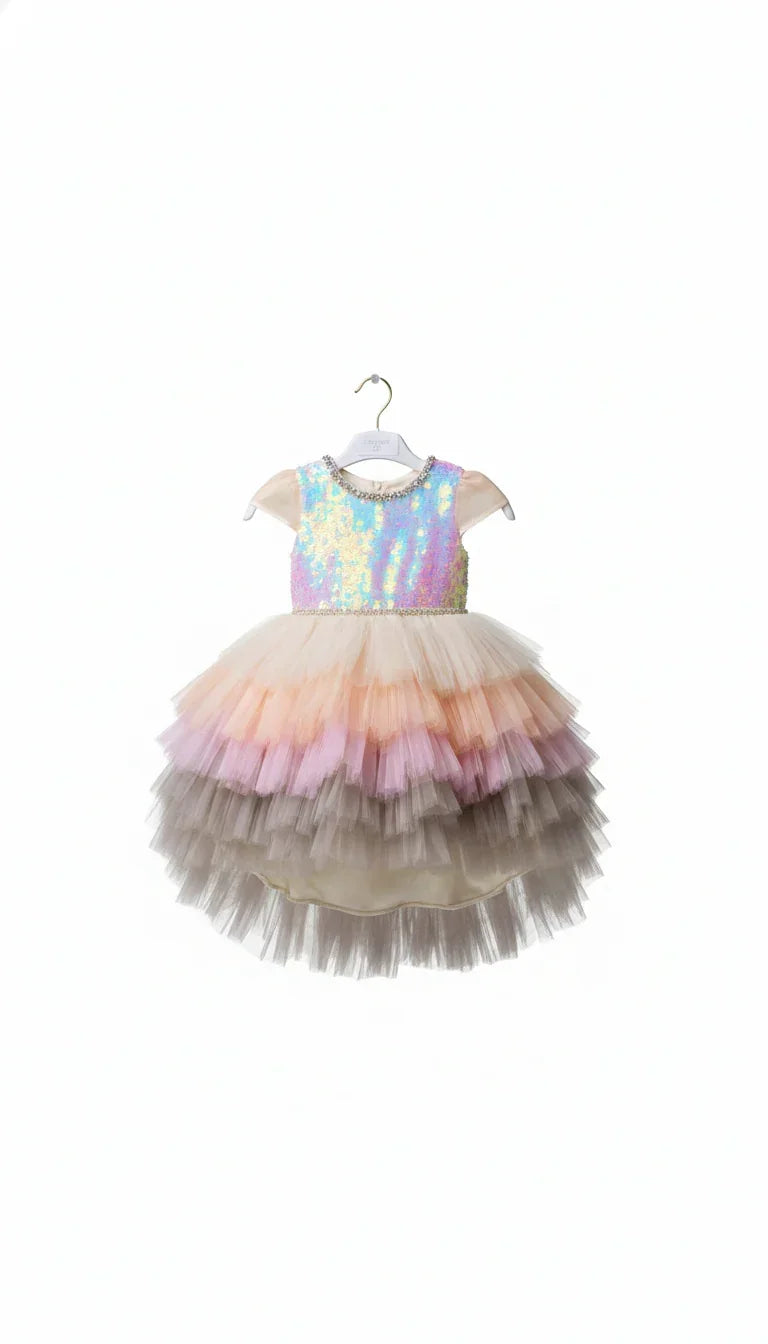 Front-facing view of a premium celebration dress featuring an iridescent sequined bodice and a multi-layered pastel ombré tulle skirt. Highlighted by a sparkling crystal belt at the waist and elegant crystal neckline. Showcased at our physical boutique located at 533 Sydney Rd, Brunswick, Melbourne. Phone: 04 19 19 19 09.