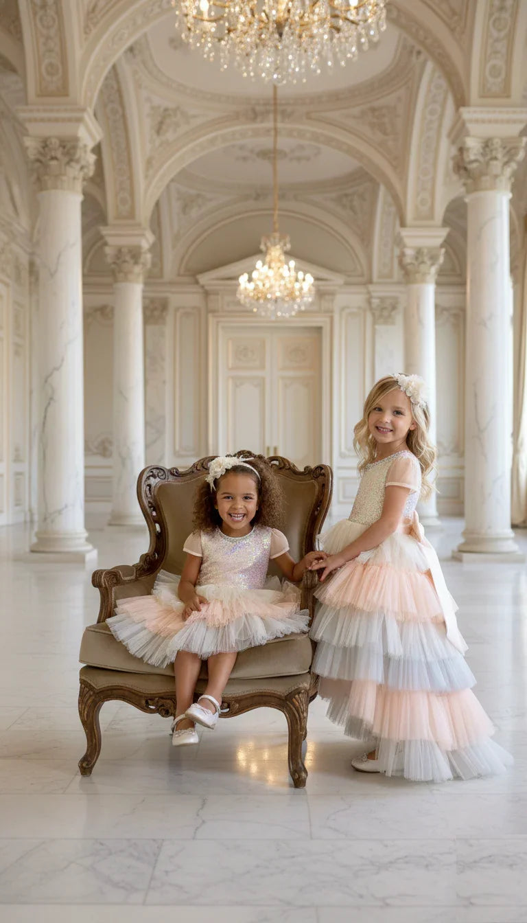 Two young girls in formal dresses standing in a grand hall with chandeliers.