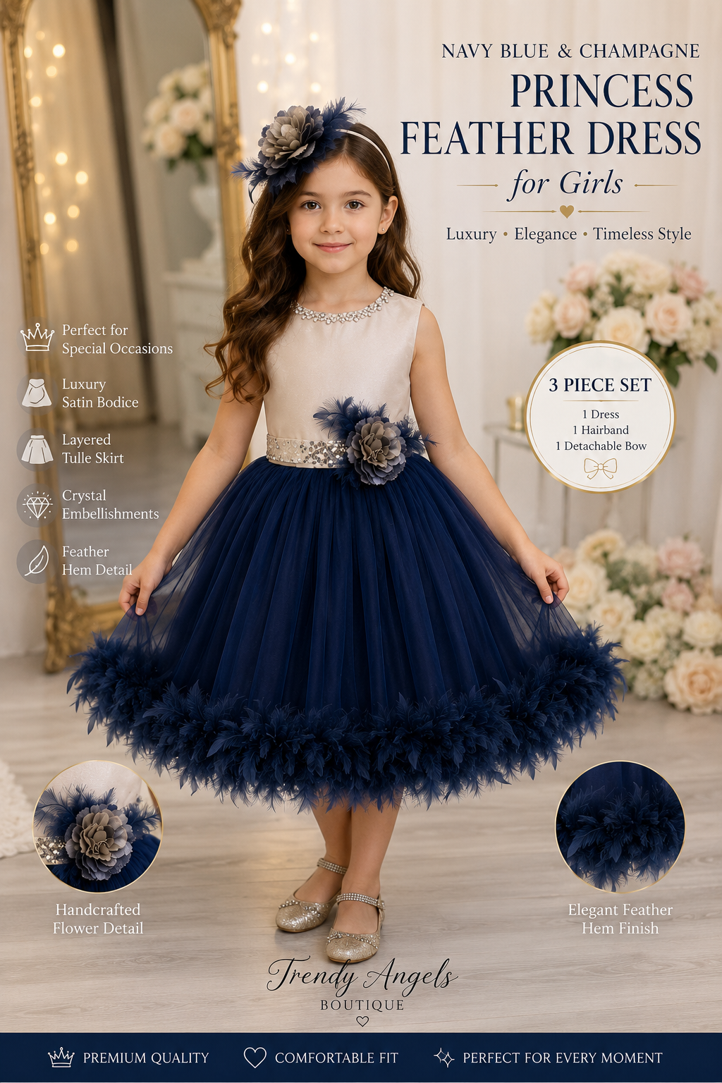 Luxury girls formal feather dress in navy blue and champagne front view with matching flower hairband