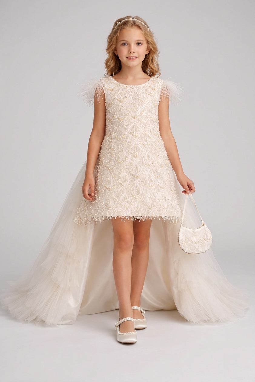 Front view of the Royal Bundle sequin flower girl dress featuring a high-low silhouette with a grand detachable multi-layered tulle train and matching sequin purse.