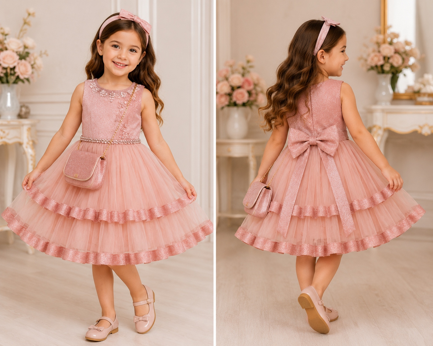 Girls Party Dress 4 Pcs Set – Luxury Pink Princess Dress for Kids