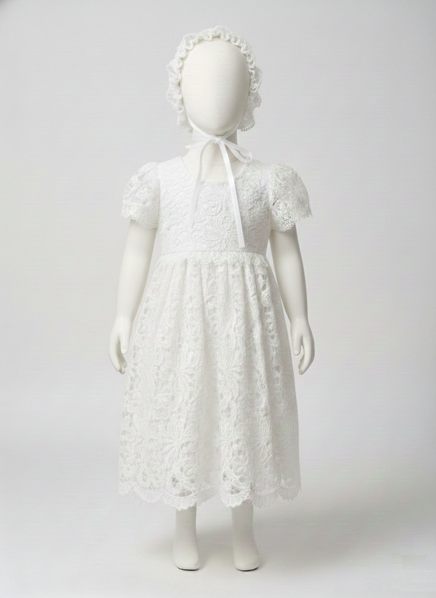Baby Girl Baptism Dress with Floral Lace & Bonnet