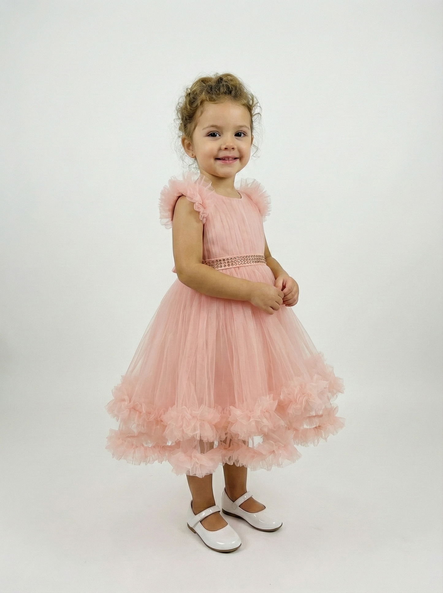 Elegant Blush Pink Tulle Flower Girl Dress - Pearl Belt & Ruffle Trim