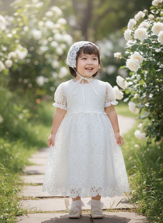 Baby Girl Baptism Dress with Floral Lace & Bonnet