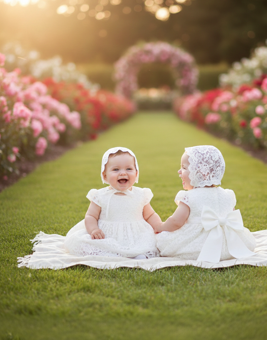 Baby Girl Baptism Dress with Floral Lace & Bonnet