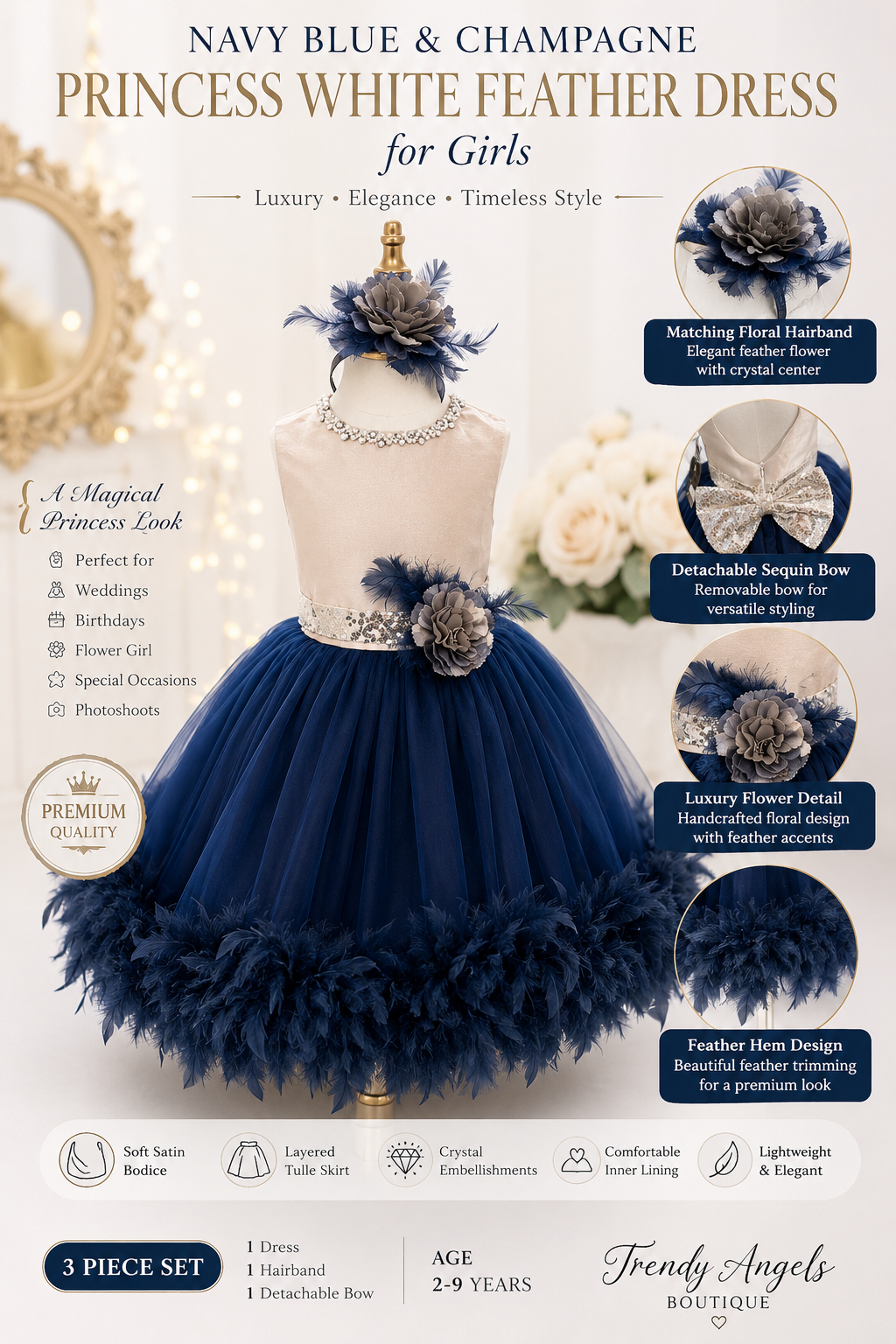 3 piece navy blue and champagne princess feather dress set mannequin display with handcrafted flower detail and feature callouts