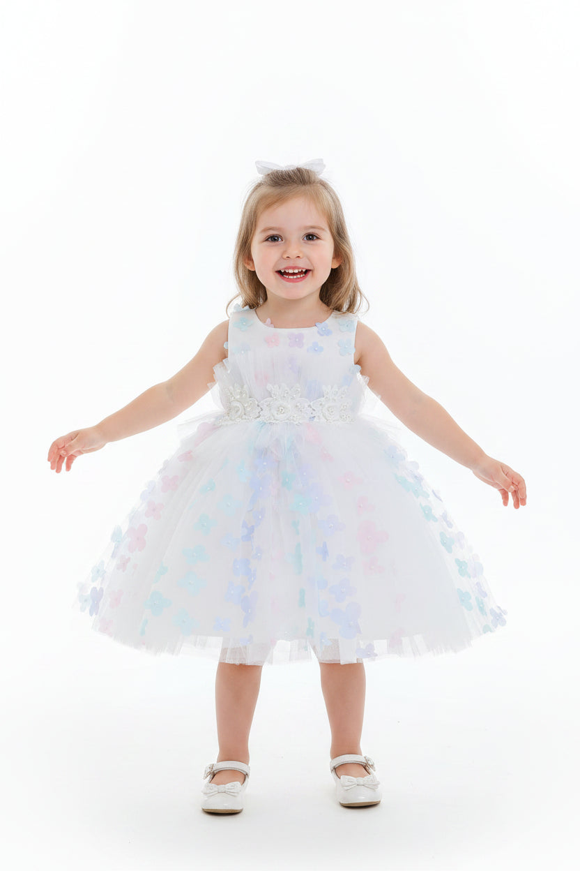 Pastel floral tulle gown with 3D flower appliqués, ideal for flower girls and birthday parties in Melbourne at Trendy Angels Boutique.