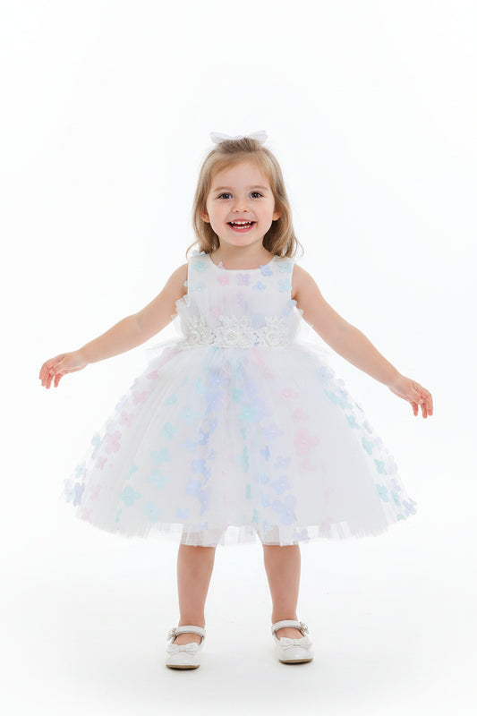 Pastel floral tulle gown with 3D flower appliqués, ideal for flower girls and birthday parties in Melbourne at Trendy Angels Boutique.