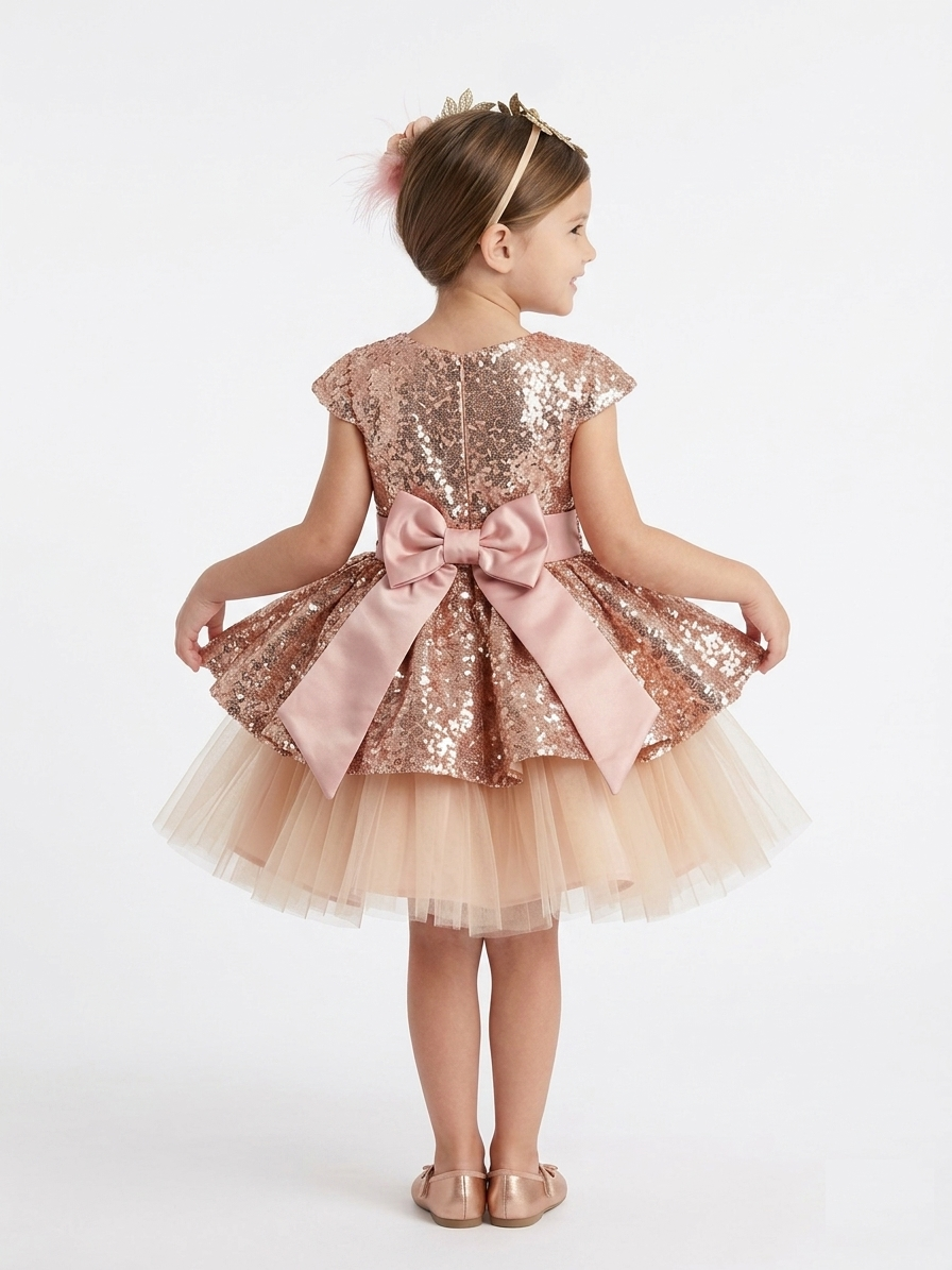 Back view of Peach Sequin Flower Girl Dress showing signature satin bow - Boutique formal wear near Northcote and Carlton