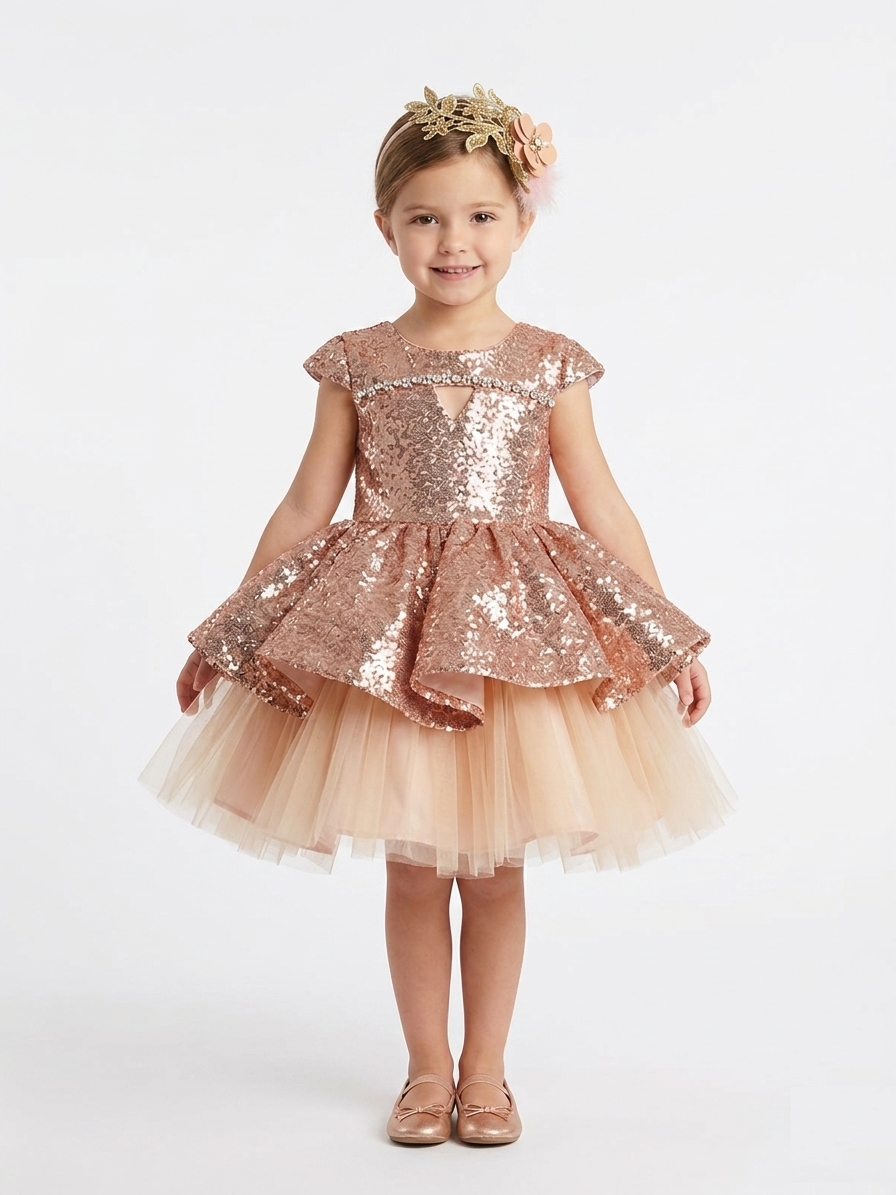 Peach Sequin Flower Girl Dress for Baptism and Weddings - Trendy Angels Boutique Brunswick near Carlton and Northcote
