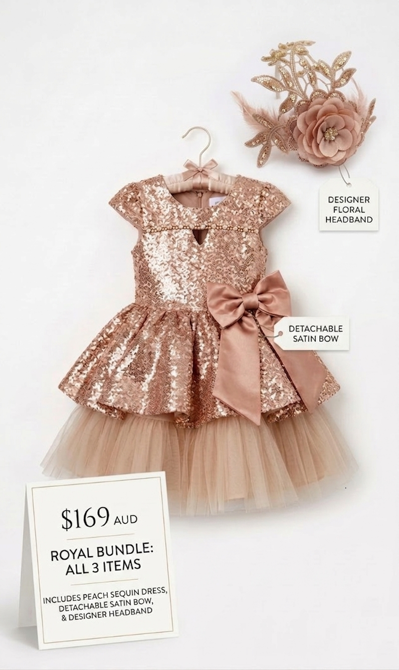Peach Sequin Royal Bundle: Girl's Dress, Satin Bow, and Headband Set - Trendy Angels Boutique serving Carlton and Northcote families