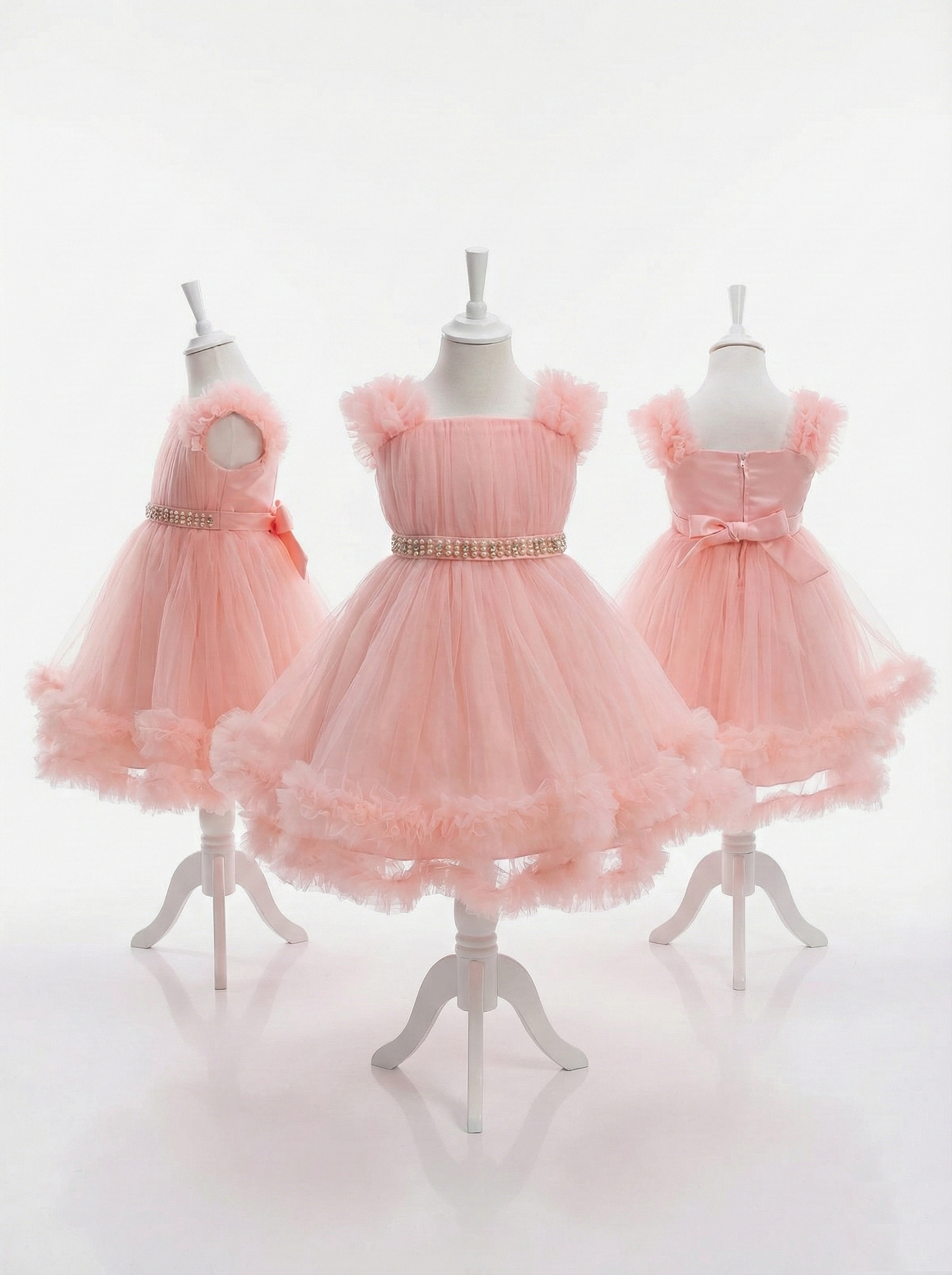 Elegant Blush Pink Tulle Flower Girl Dress - Pearl Belt & Ruffle Trim