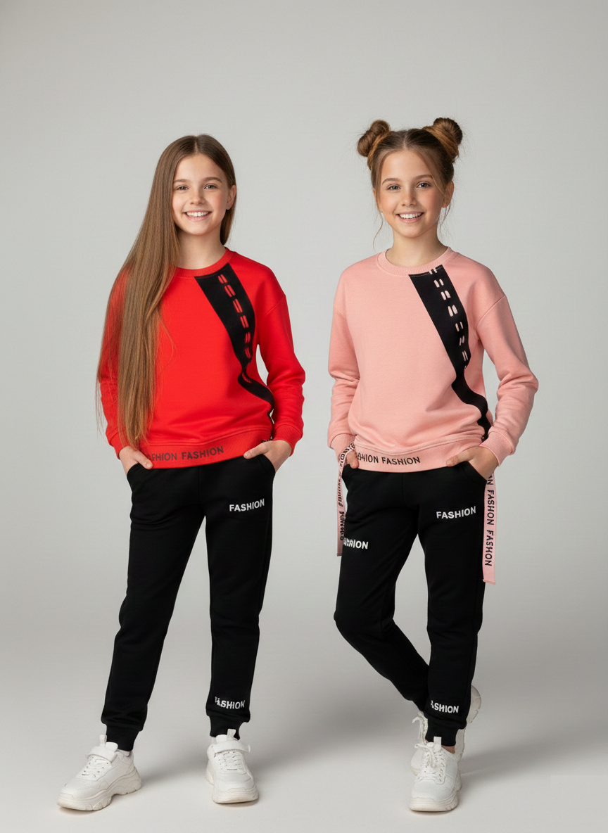 Girls Pink & Black Tracksuit Set - Kids Athleisure Joggers & Sweatshirt