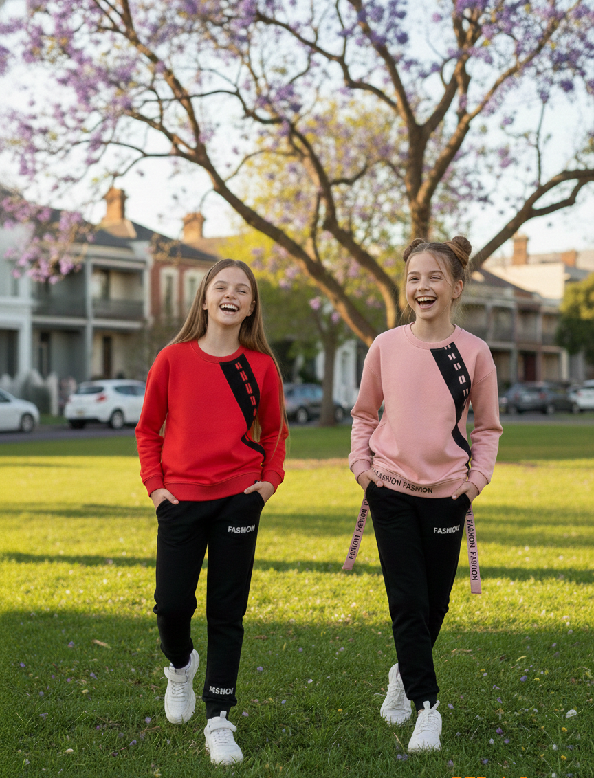 Girls Pink & Black Tracksuit Set - Kids Athleisure Joggers & Sweatshirt
