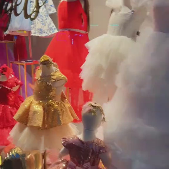 Luxury princess white feather dress for girls TikTok video showcasing matching hairband and detachable sequin bow in Melbourne Australia