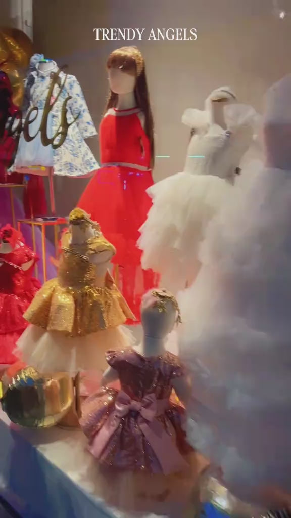 Luxury princess white feather dress for girls TikTok video showcasing matching hairband and detachable sequin bow in Melbourne Australia