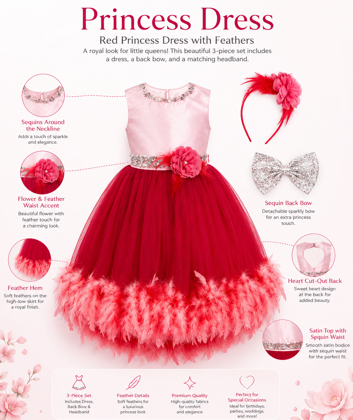 3 piece red princess dress with feathers set infographic detailing sequin neckline flower waist accent and heart cut out back