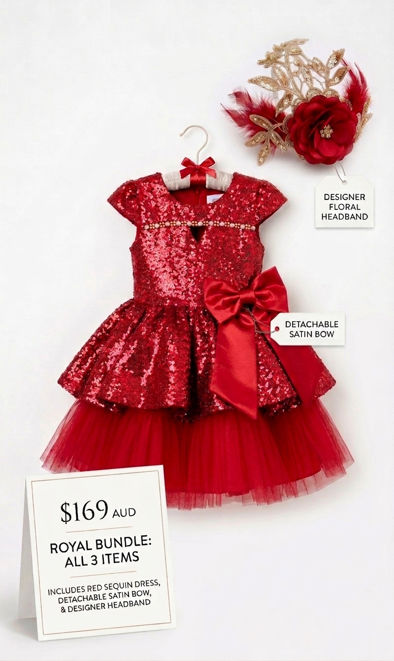 A product collage image of the Red Sequin Flower Girl Royal Bundle at Trendy Angels Boutique, showing the dress on a hanger, the detachable satin bow, and the designer floral headband, next to an informational card listing the 3 items for $169 AUD.