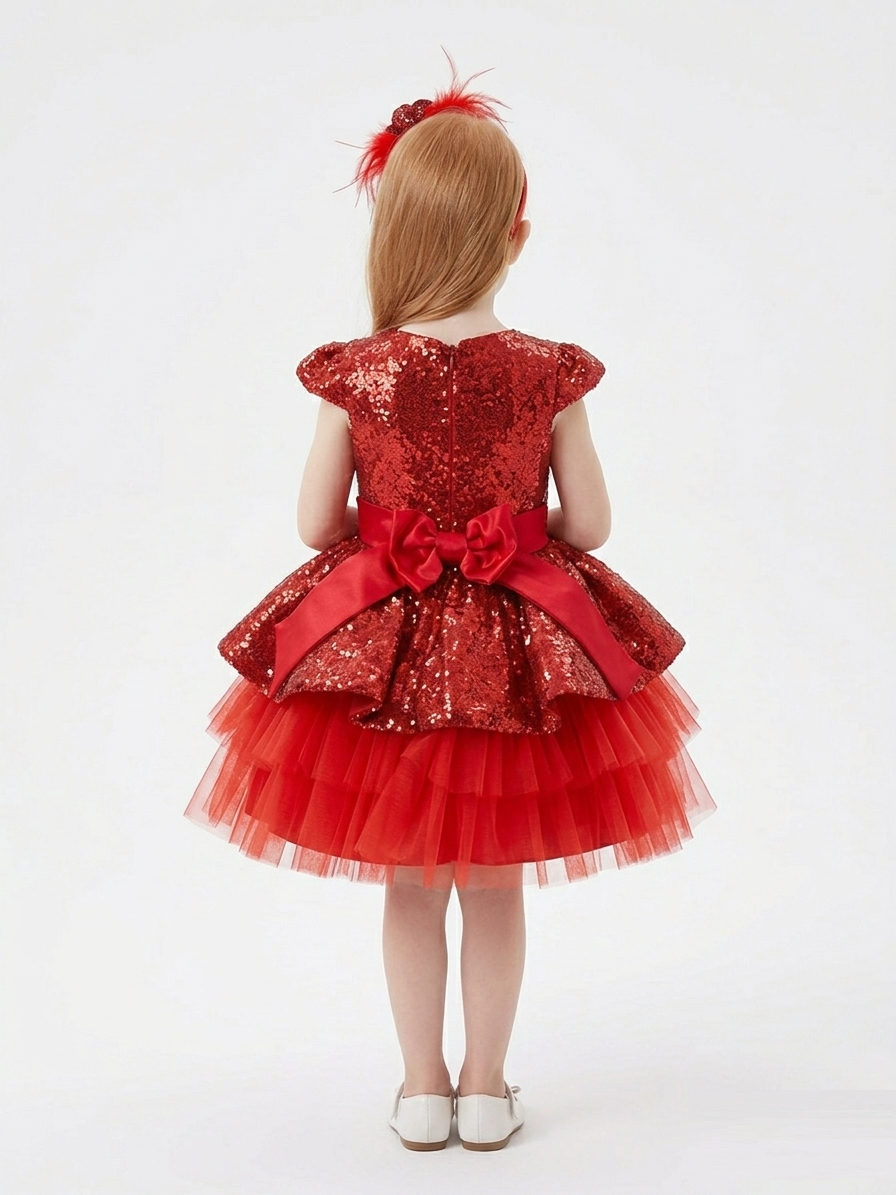 Back view of a child wearing the red sequin flower girl dress from the Royal Bundle, showing the sequin back bodice, the fixed satin bow at the waist, and the full tiered tulle skirt, against a white background at Trendy Angels Boutique.
