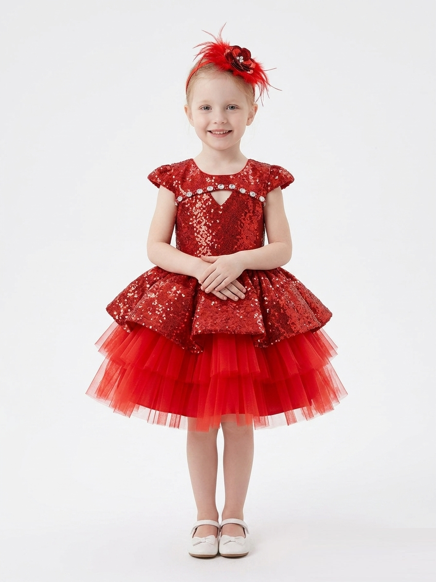 Front view of a stunning red sequin flower girl dress featuring a shimmering bodice, tiered tulle skirt, and a large detachable satin bow, part of the 3-piece Royal Bundle at Trendy Angels Boutique.
