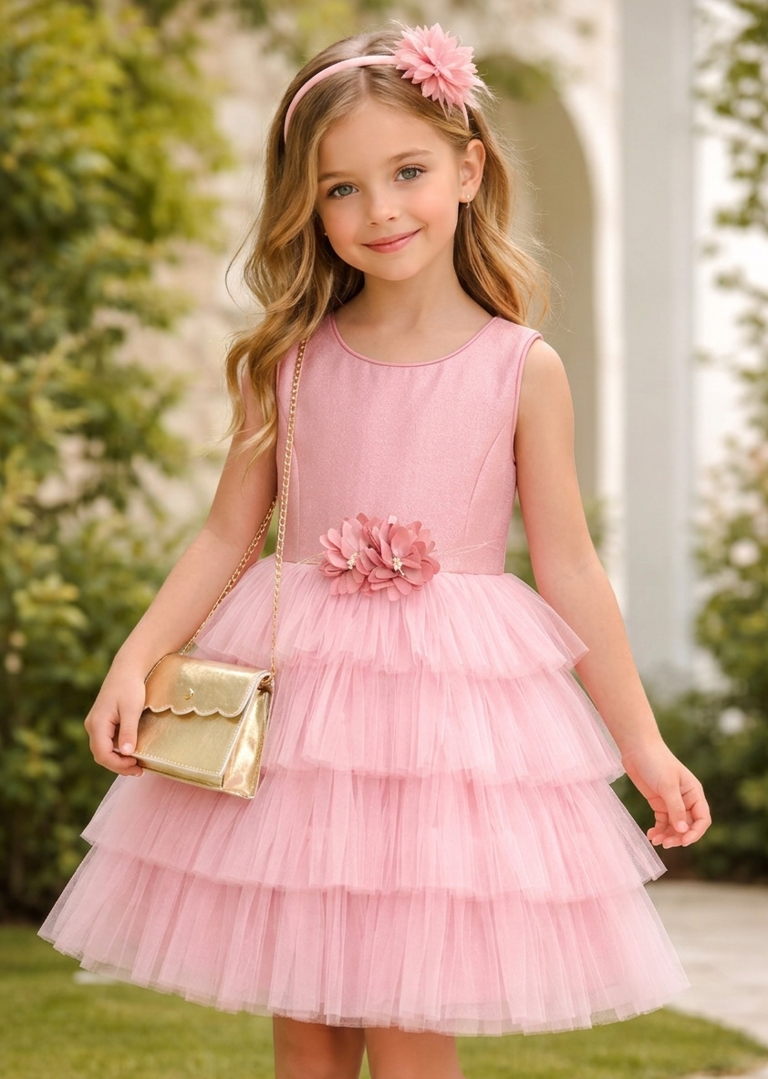 Front view of a young girl wearing the Luxe Rose Lustre flower girl dress with the matching floral headband and gold scalloped bag, a premium children's formal set available at our Brunswick boutique.