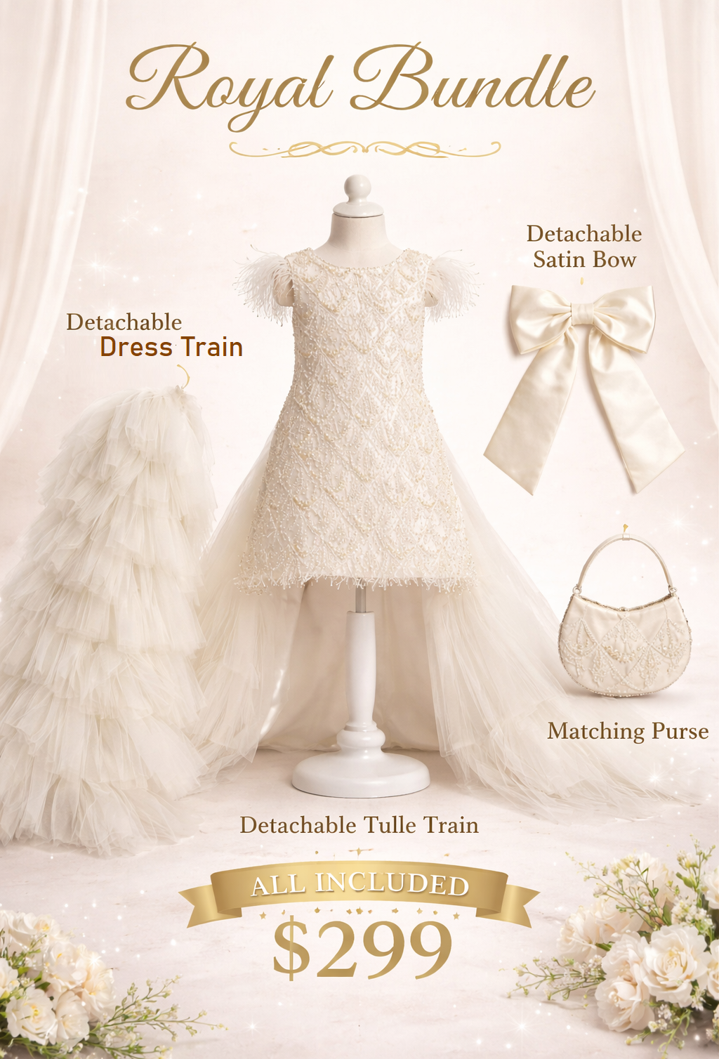Royal Bundle luxury flower girl dress set including sequin beaded gown, detachable tulle train, satin bow, and matching sequin purse.