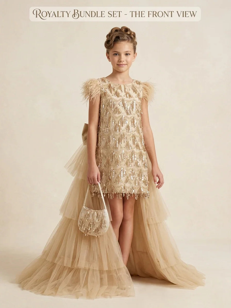 Luxury girls gold sequin celebration outfit showing the complete look with the long detachable tulle skirt attached, perfect for high-end events.