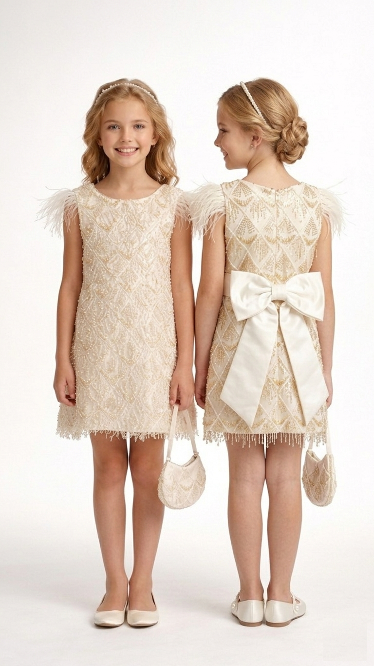 Front and back view of the shimmering sequin flower girl dress featuring a large ivory satin bow, feather trim shoulders, and matching sequin handbag.