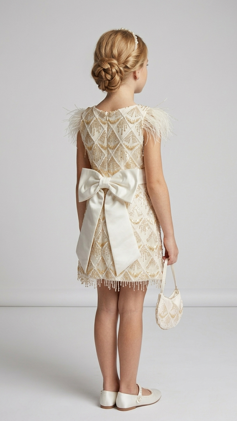 Side-angle back view of the luxury sequin flower girl dress showing the elegant ivory satin bow, ostrich feather shoulder details, and matching sequin purse