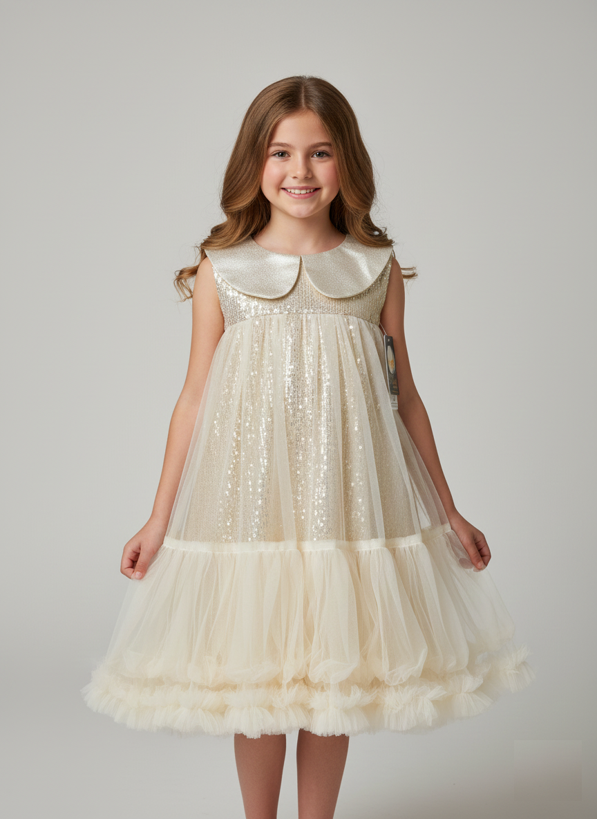 Front view of sleeveless white formal dress with shiny satin top and 3D floral appliqué at Trendy Angels Boutique Brunswick