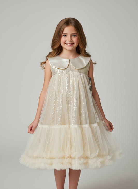 Front view of sleeveless white formal dress with shiny satin top and 3D floral appliqué at Trendy Angels Boutique Brunswick
