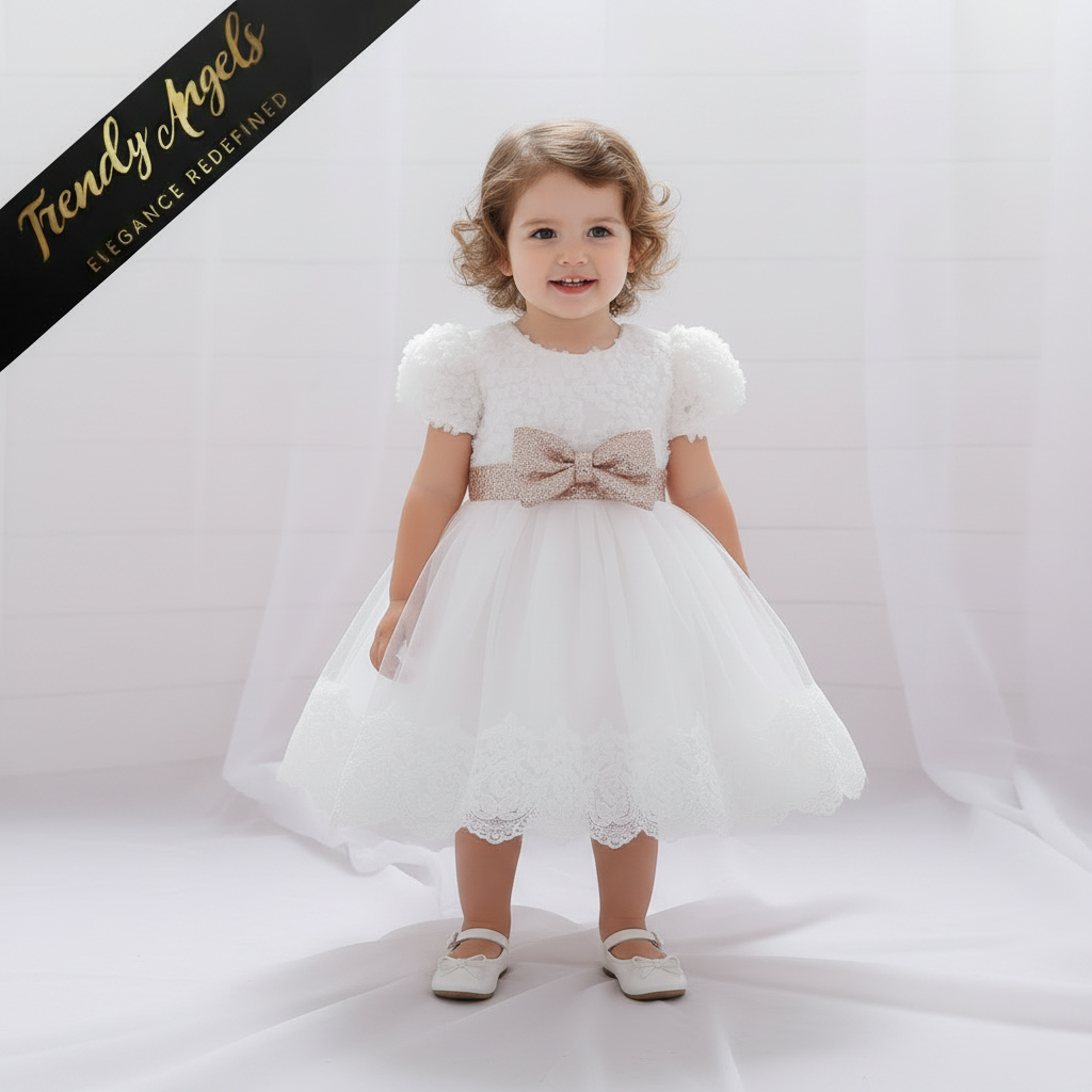 Toddler and little girl wearing a white tutu dress with a gold sequin bow, perfect for formal parties and weddings at Trendy Angels Boutique.