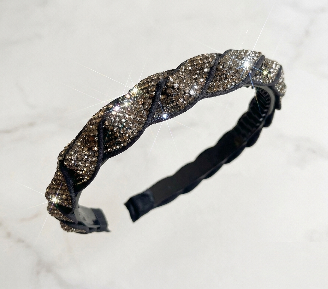 Trendy Angels branded black twisted headband with sparkling silver rhinestones. Luxury hair accessories for flower girls, holy communion, and baptism dresses, serving families in Richmond and the City of Yarra.