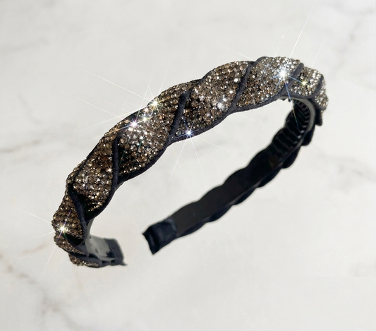 Trendy Angels branded black twisted headband with sparkling silver rhinestones. Luxury hair accessories for flower girls, holy communion, and baptism dresses, serving families in Richmond and the City of Yarra.