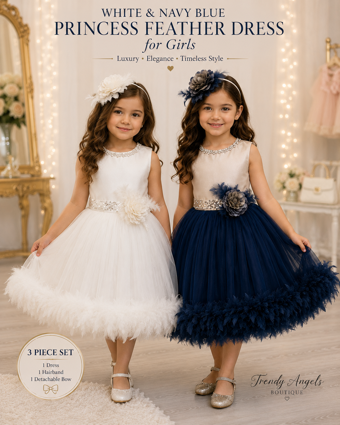 Two girl models wearing luxury formal princess feather dresses in white and navy blue options