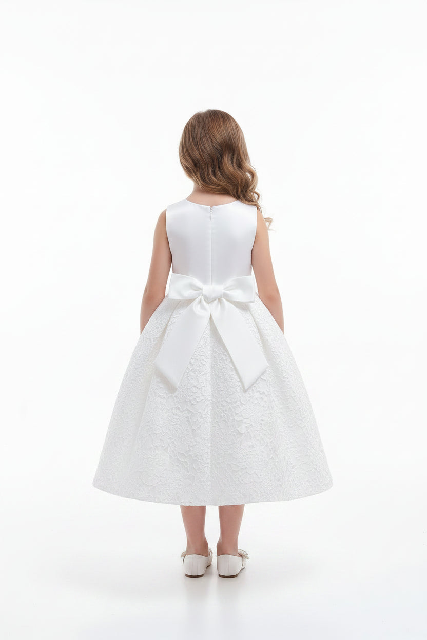 Girl wearing a beautiful white formal dress for wedding parties and special occasions in Brunswick.
