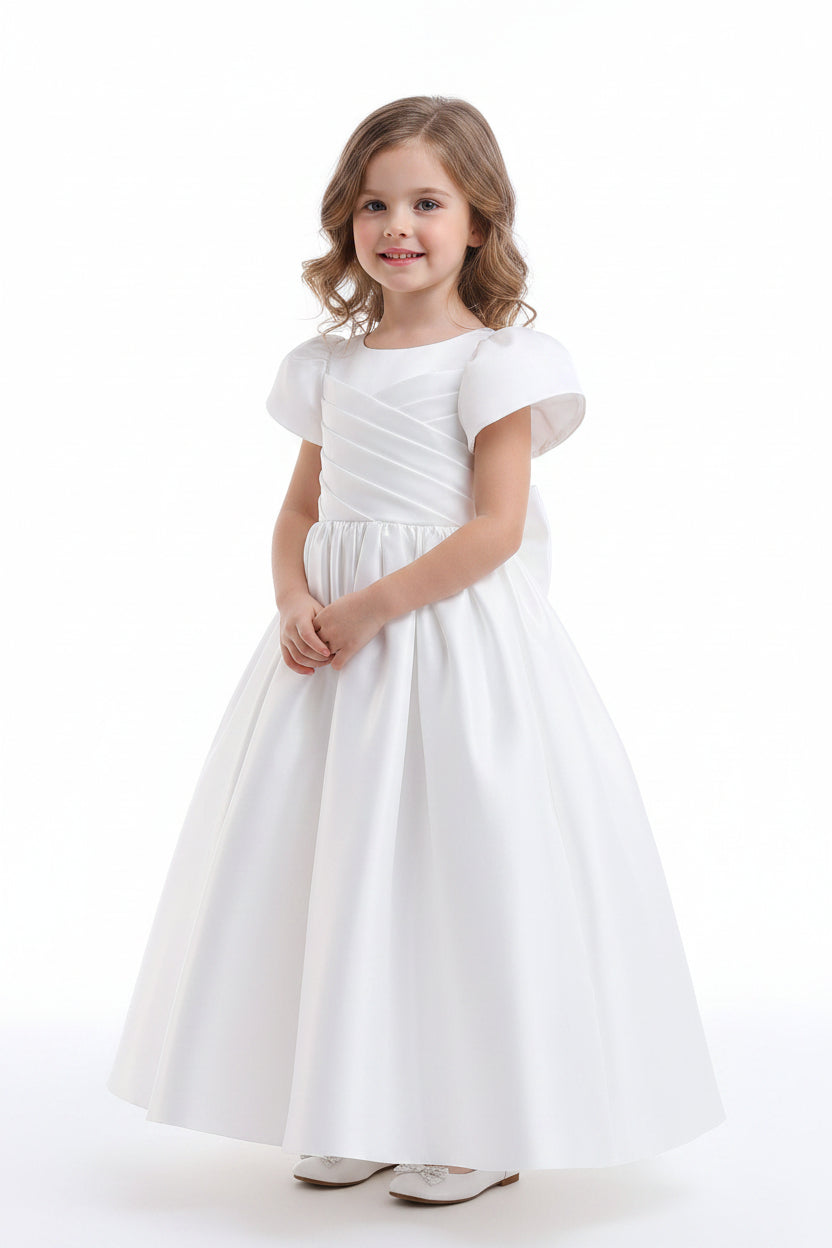 White child's bridesmaid princess dress with caped sleeves, an O-neck collar, and a bow detail at the back. The dress is displayed on a mannequin with a white hair base.
