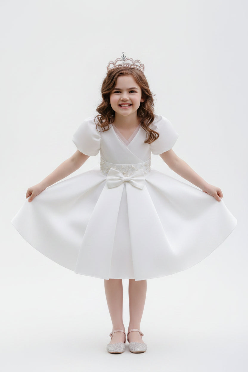 Young girl wearing a white V-neck princess dress with bubble sleeves and a pearl-beaded waist, styled with a tiara for formal occasions.